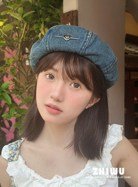 ZHIWU~日系复古牛仔布贝雷帽新款大头围蓓蕾画家帽子显脸小云朵帽