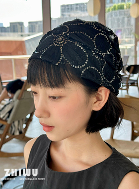 ZHIWU~Y2K风格黑色亮片花朵堆堆帽女春秋百搭潮搭套头帽网纱帽子