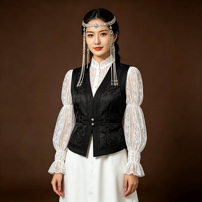 蒙古族黑色修身马甲民族风衬衫坎肩短袖背心服务员工作服酒店工装图片