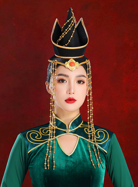 蒙古女士黑色头饰儿童款额头尖顶小帽子舞蹈演出蒙式妆造旅拍发饰