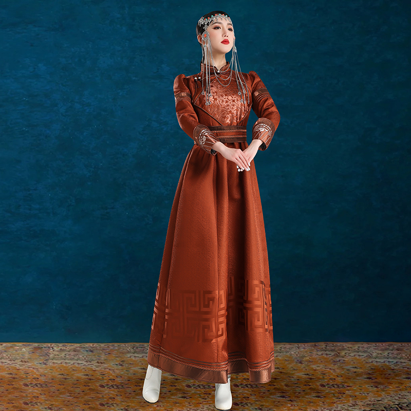 原创女蒙古袍浅咖色连衣裙内蒙古高端民族服舞蹈演出摄影礼仪婚礼