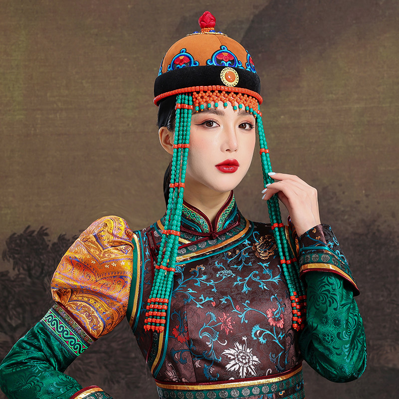 蒙古族帽子女款橘色民族风新款高端手工舞台演出发饰旅拍头饰品
