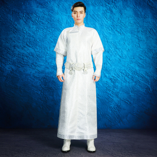 男士时尚蒙古袍高端婚礼新郎装民族演出白色礼仪摄影服饰私人定制