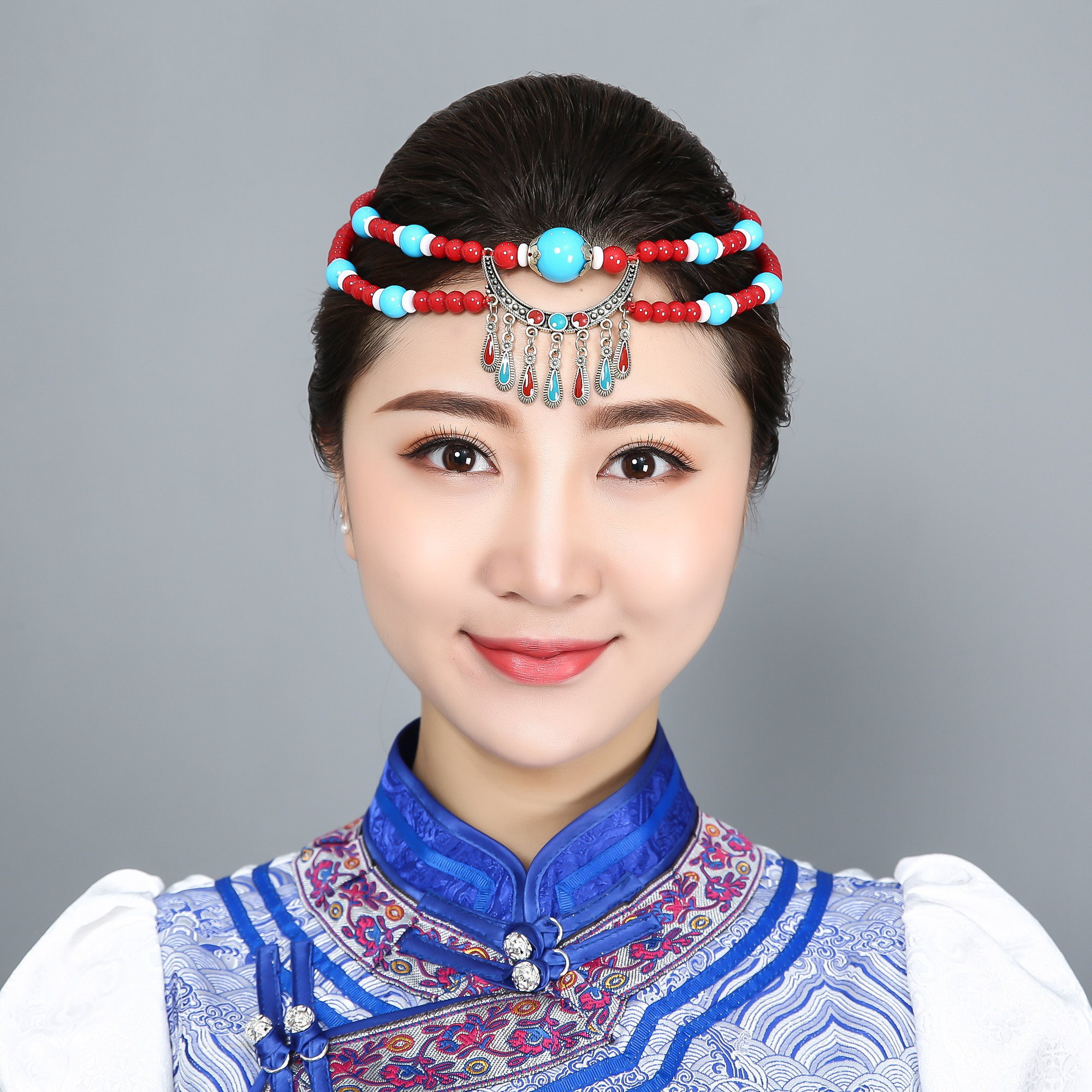 舞蹈蒙古服装手工串珠珠珠头饰演出头饰儿童蒙新娘女配饰成人族古