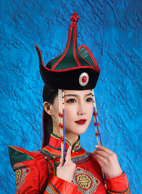 蒙古族尖顶红色帽子民族舞蹈演出服蒙古袍头发饰品艺考剧目帽子