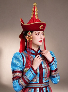 蒙古族女帽红色蒙古新娘帽摄影旅拍民族婚礼演出尖顶流苏帽子