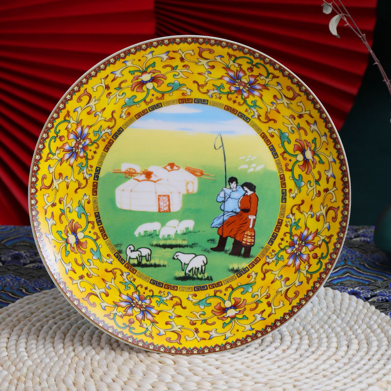 蒙餐餐具盘子蒙古元素陶瓷金色民族风浮雕立体花纹盘子骨碟凉菜盘