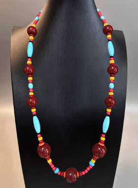 蒙古族复古长款藏式项链男女款松石吊坠西藏民族风服装配饰蒙古袍