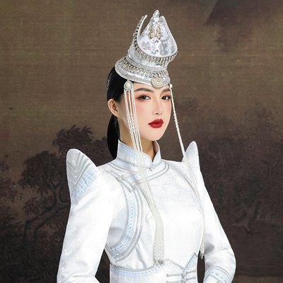 原创蒙古族白色尖顶帽子满钻重工流苏内蒙古舞蹈演出新娘婚礼头饰