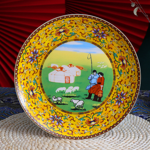 蒙餐餐具盘子蒙古元素陶瓷金色民族风浮雕立体花纹盘子骨碟凉菜盘