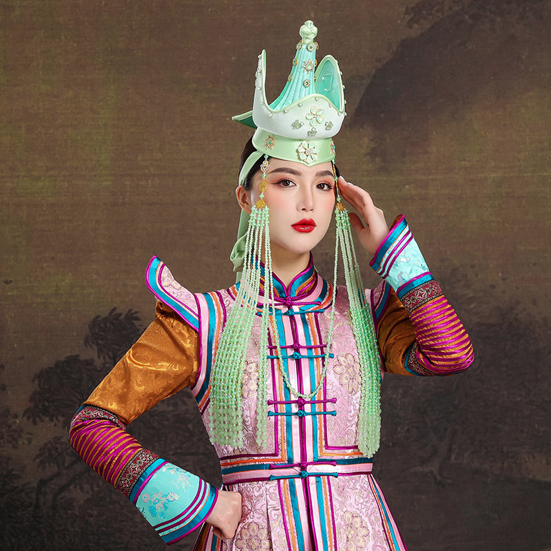 蒙古族帽子女款果冻感绿色民族风手工舞台演出公主发饰旅拍头饰