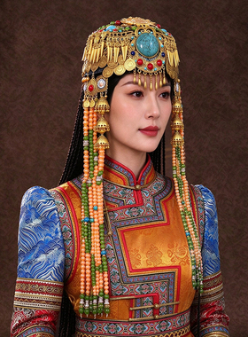蒙古族奢华重工长流苏新娘中式婚礼头饰民族风演出摄影金色帽子