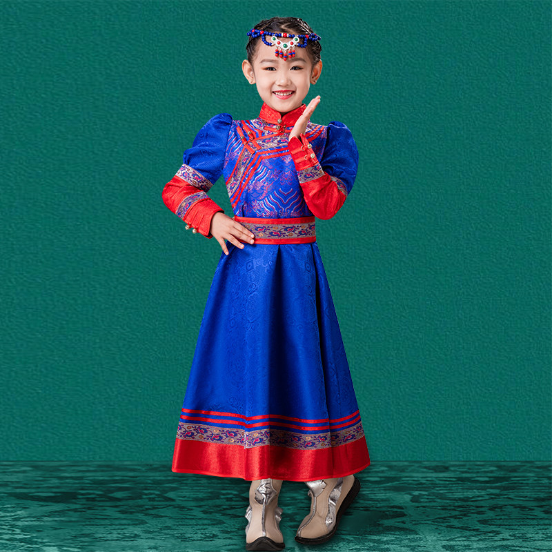 儿童女宝蓝色蒙古袍内蒙古少数民族礼服舞台装演出服连衣裙蓬蓬裙,童装/婴儿装/亲子装,儿童演出服,淘宝优惠券,粉丝福利购,淘宝优惠卷