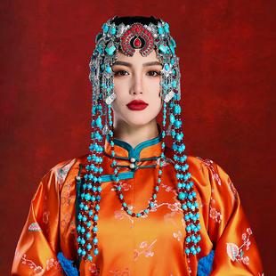 蒙古女士蓝色妆造帽子内蒙古民族舞蹈演出高端婚礼摄影走秀帽子