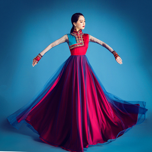 绝美蒙古民族裙装 艺考演出服民族风舞蹈服 蒙古袍大裙摆蕾丝纱袖