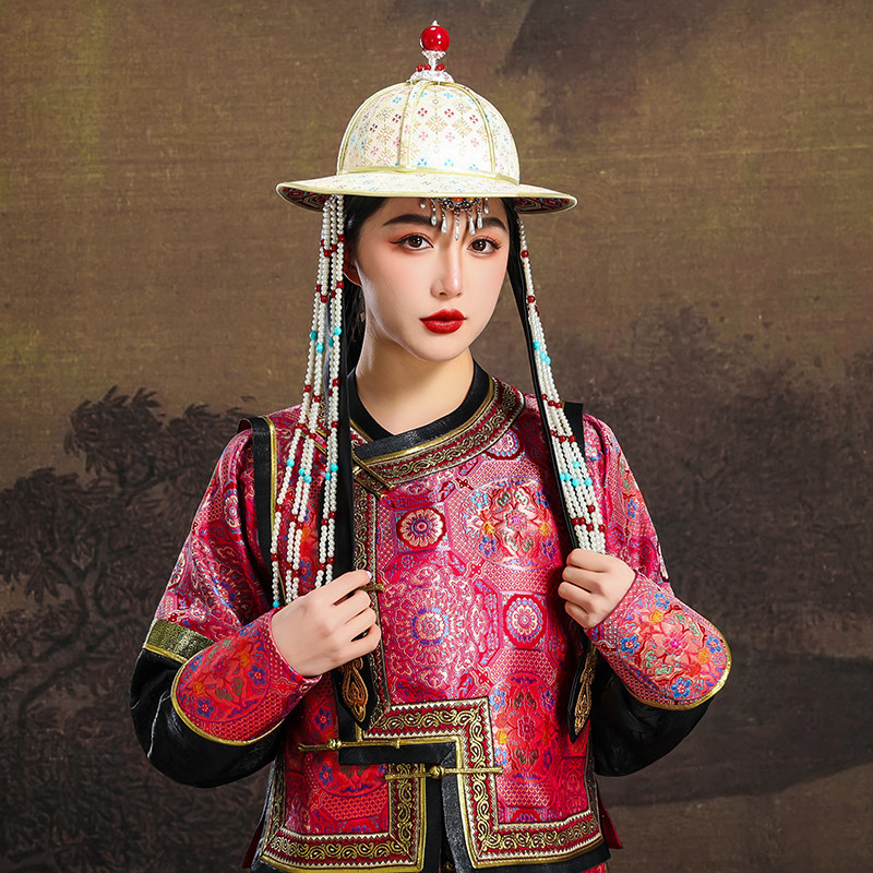 蒙古族红顶白色拔笠帽内蒙古钹立帽子摄影写真演出舞蹈帽走秀旅拍
