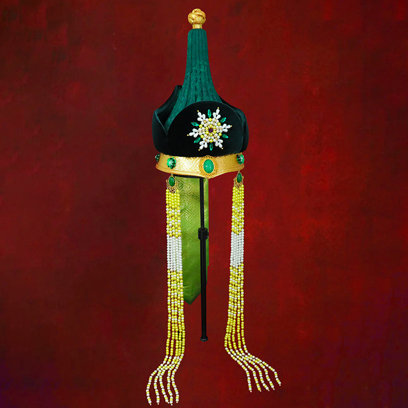 蒙古女士绿色妆造帽子内蒙古民族舞蹈演出高端婚礼摄影走秀饰品