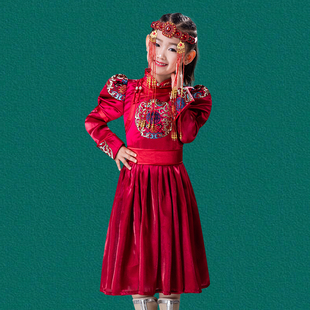 儿童女红蒙古袍生日宴会礼服演出服A字裙连衣公主蓬蓬裙摄影服饰