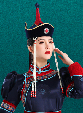 原创红蓝色蒙古族尖顶高帽子舞蹈摄影民族头饰女孩高筒走秀演出款