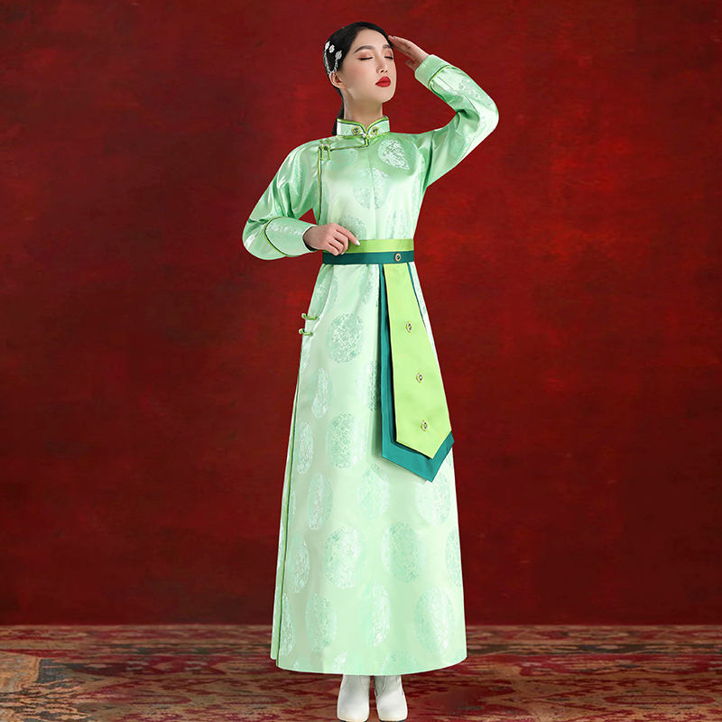 原创女蒙古袍连肩绿色连衣裙内蒙古高端民族服演出摄影礼仪婚礼