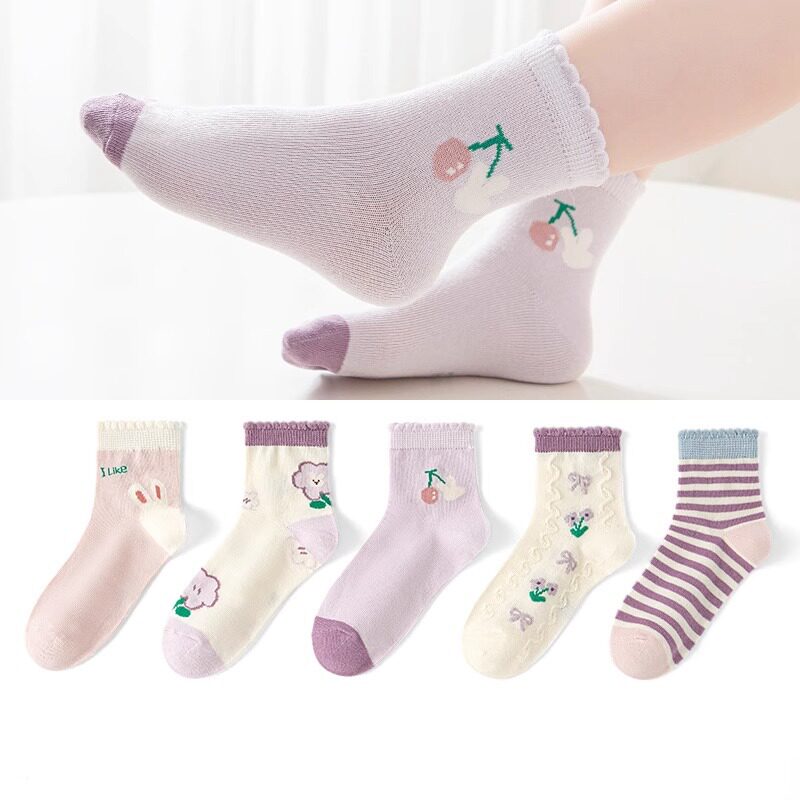 六指鼠儿童春秋薄款袜子女童宝宝春秋款a类纯棉薄棉中筒袜5双装