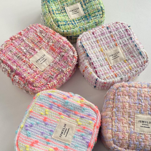 JSmulin迷你粉嫩绿格子小香风便携化妆包豆腐包方姨妈巾收纳包女