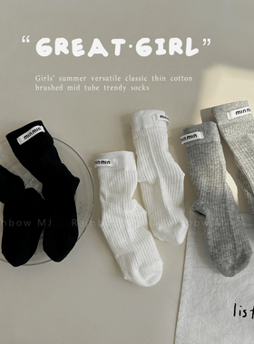 女童袜子春夏薄棉韩版布标白色中筒袜女孩无骨网眼卡丝棉袜潮夏天