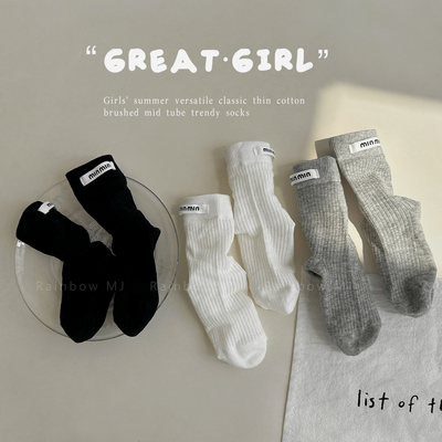 女童袜子春夏薄棉韩版布标白色中筒袜女孩无骨网眼卡丝棉袜潮夏天