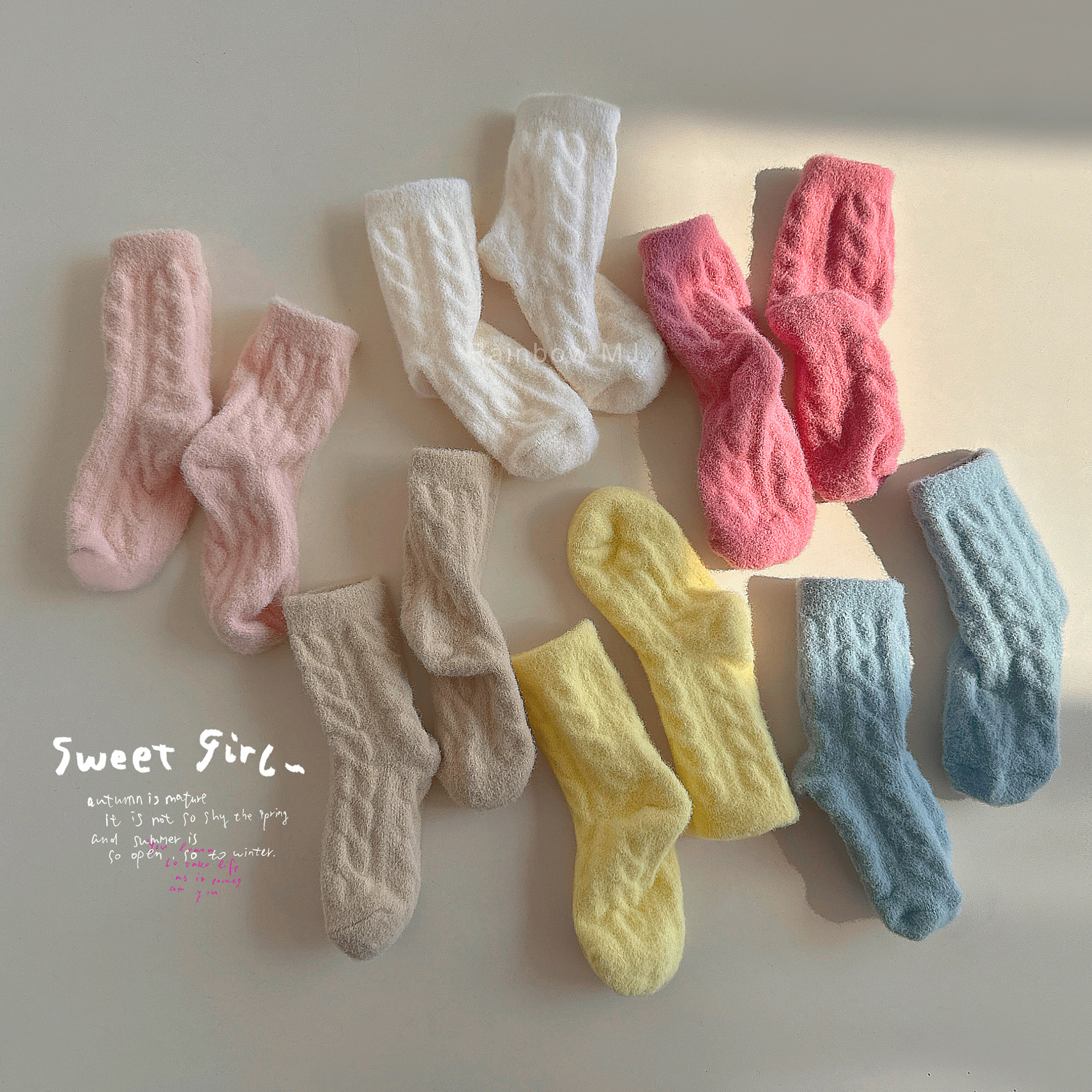 儿童袜子冬季韩版女童糖果色加绒加厚中筒袜冬季保暖双面绒地板袜