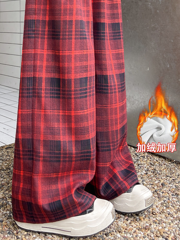 格子裤女2024新款秋冬加绒小个子裤子休闲复古慵懒直筒宽松阔腿裤