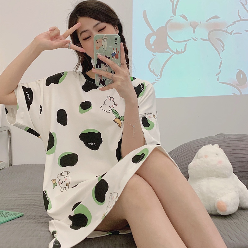 睡裙女夏季春秋冬款学生家居服可爱外穿薄款短袖宽松孕妇睡衣夏天