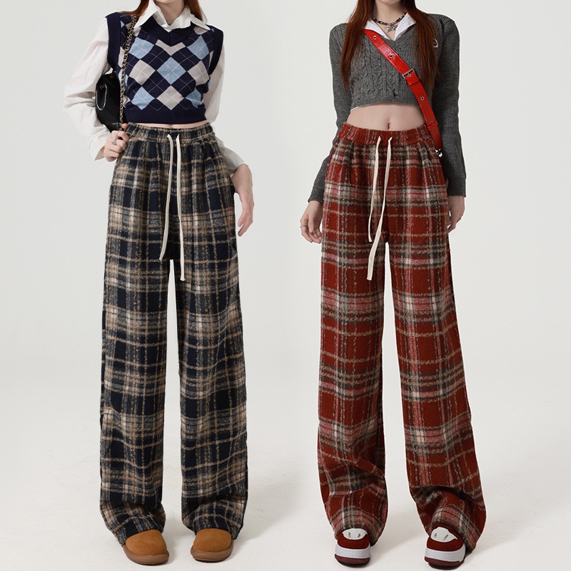 复古磨毛格子休闲裤子女2024新款秋冬高腰加绒加厚阔腿裤百搭长裤
