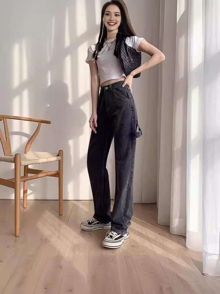 黑色阔腿牛仔裤女春秋2024新款高腰显瘦宽松垂感百搭直筒拖地裤子