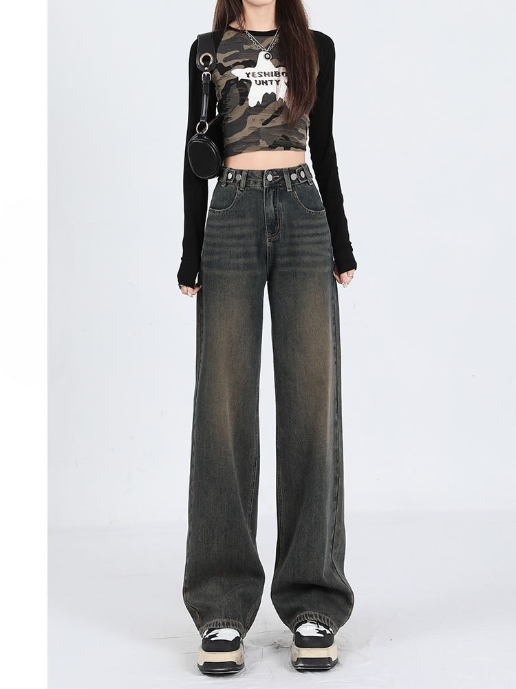 水泥灰复古牛仔裤女2024新款秋季高腰宽松直筒长裤拖地阔腿裤子潮