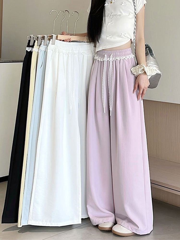 蕾丝边冰丝阔腿裤女夏季薄款高腰显瘦宽松垂感直筒裤休闲拖地裤子