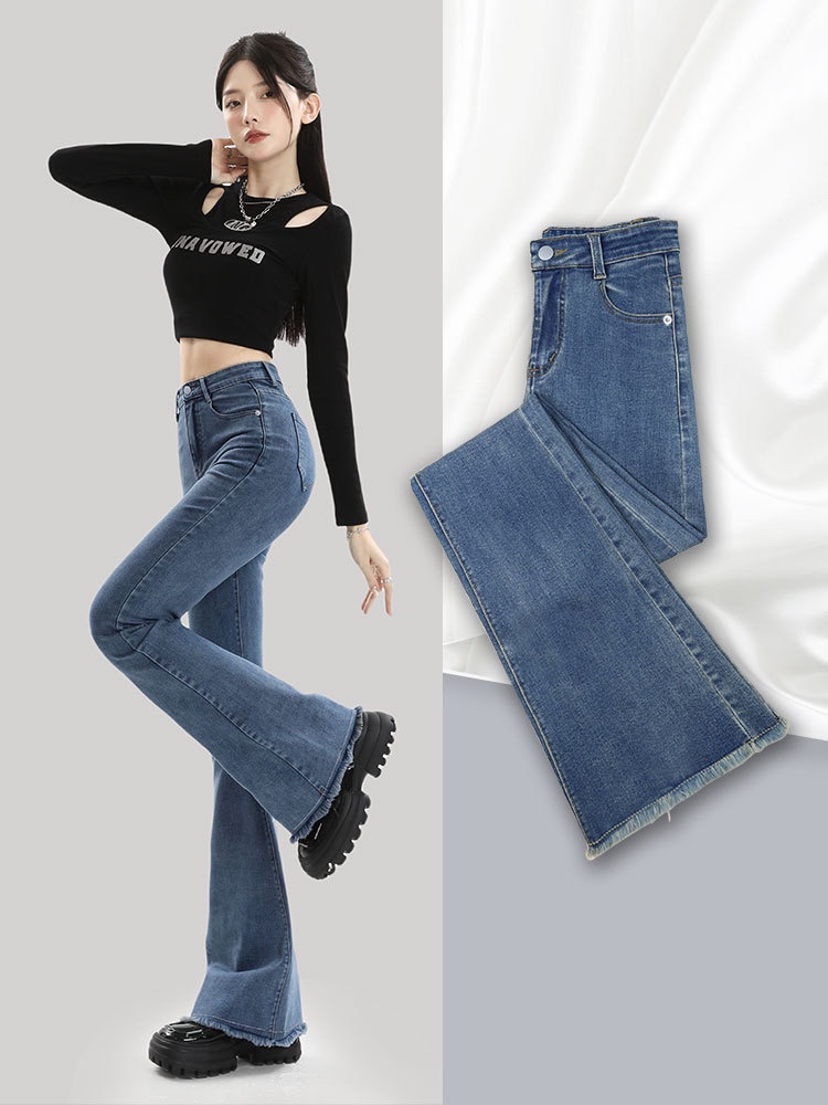 毛边微喇牛仔裤女2024年新款春秋款马蹄裤小个子高腰显瘦喇叭裤子