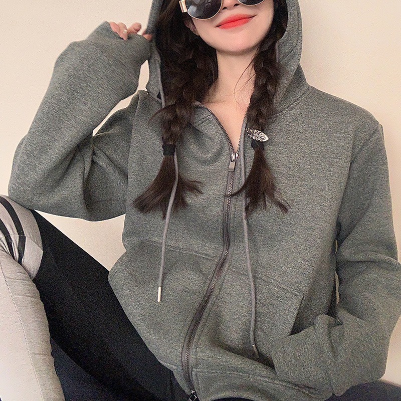 灰色连帽卫衣女新款秋冬加绒韩版宽松显瘦高级感拉链长袖开衫外套