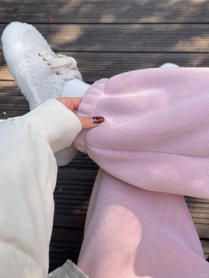 粉色加绒运动裤女秋冬季加厚外穿保暖棉裤摇粒绒小个子束脚卫裤子