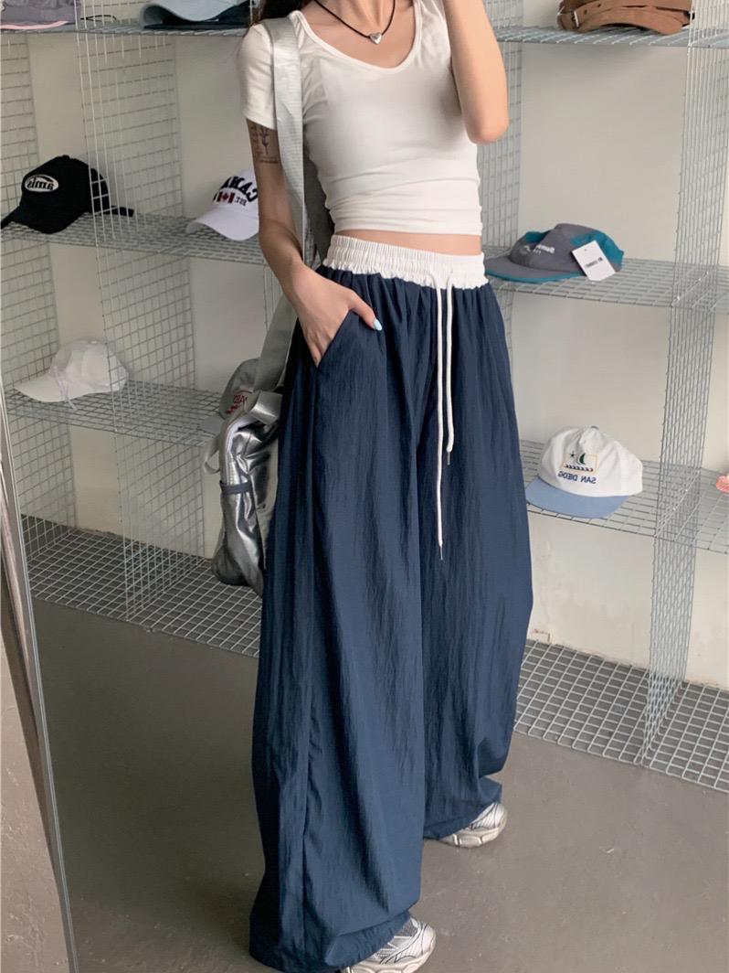 夏季肌理垂感直筒撞色拼接松紧腰阔腿休闲裤女拖地裤宽松长裤裤子