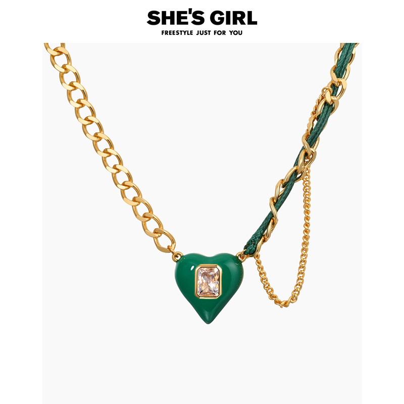 shesgirl茜子复古邂逅个性链条拼接绿色项链复古爱心颈链锁骨链