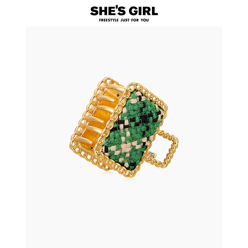 shesgirl茜子复古邂逅时髦小众设计感方形绿色粗花呢竖抓夹发卡