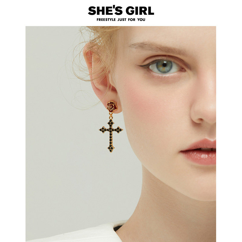 shesgirl暗夜玫瑰复古哥特风黑色十字架滴油玫瑰撞色耳环耳钉