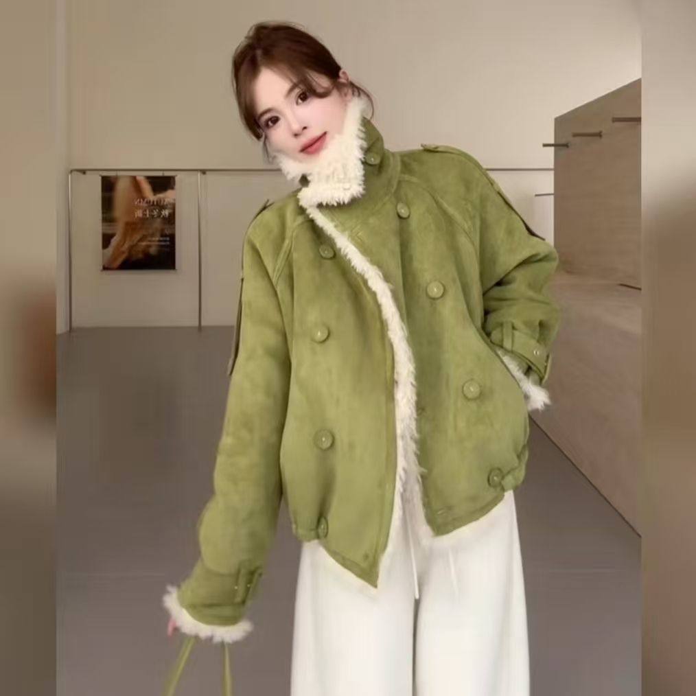 复古立领仿皮毛一体短外套女秋冬新款加厚羊羔毛机车工装夹克上衣