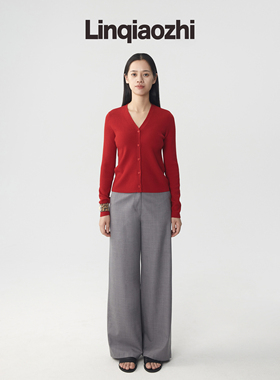 【100%羊毛】林乔芝2023年秋冬红色针织衫V领毛衣