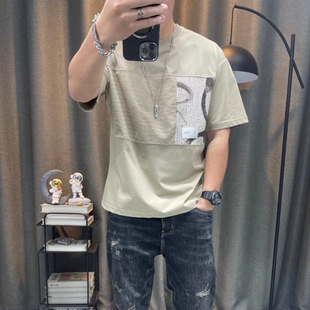 纯棉短袖t恤男士2025夏季新款高端半袖体恤衫圆领休闲拼接男装潮