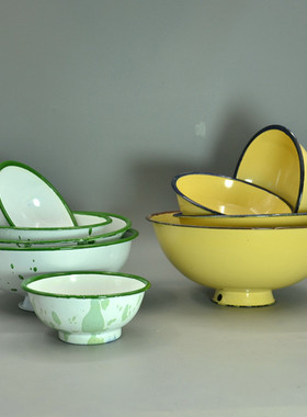 老式搪瓷碗冰花杯怀旧冰花黄色吃饭铁碗泡面碗复古主题餐厅饭店用