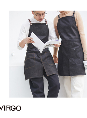 Virgo个性设计开叉黑色牛仔围裙美发美甲咖啡师餐厅花艺定制logo