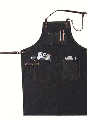 简约咖啡师花艺餐厅美发师双肩款牛仔真皮围裙工作服定制logo