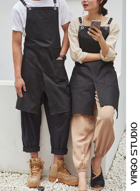 黑色灰色牛仔工作围裙咖啡师背带裙花艺园艺餐厅发型师工作服logo