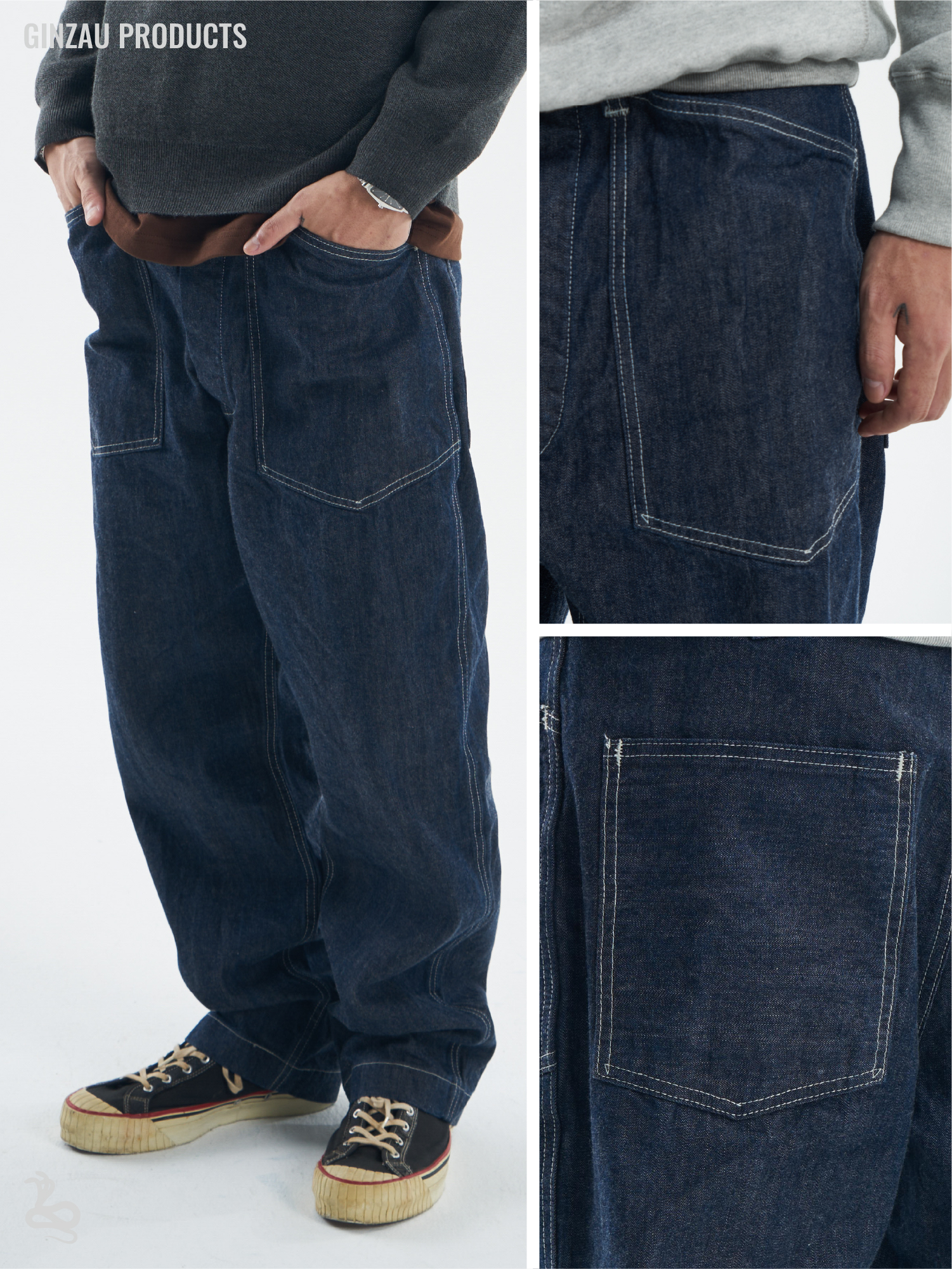 原色宽松直筒纽扣门襟武骨长裤